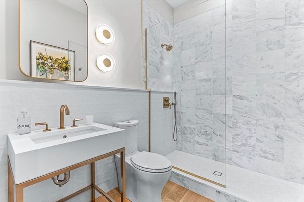 Bathroom, Glass Shower, Interior, Marble Walls, Wood Texture Flooring