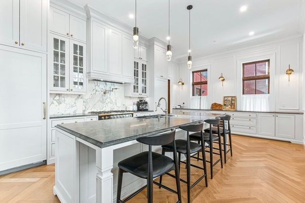 Interior, Kitchen, Marble Walls, Pendant Lights, Recessed Lighting, Wood Texture Flooring