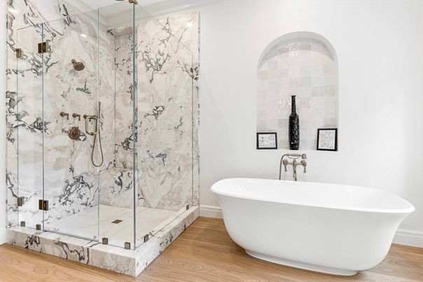 Bathroom, Free Standing Baths, Glass Shower, Interior, Marble Walls, Wood Texture Flooring