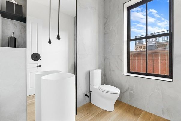 Bathroom, Free Standing Baths, Interior, Marble Walls, Pendant Lights, Wood Texture Flooring