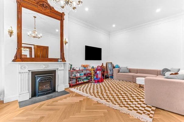 Chandelier, Fireplace, Interior, Living room, Recessed Lighting, Wood Texture Flooring