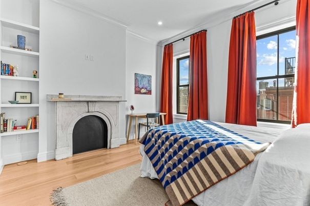 Bedroom, Fireplace, Interior, Recessed Lighting, Wood Texture Flooring