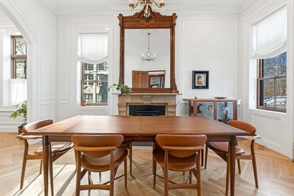 Chandelier, Dining room, Fireplace, Interior, Wood Texture Flooring