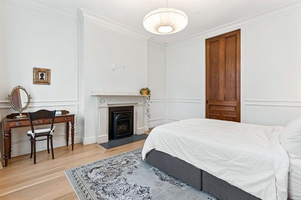 Bedroom, Fireplace, Home Office, Interior, Pendant Lights, Wood Texture Flooring
