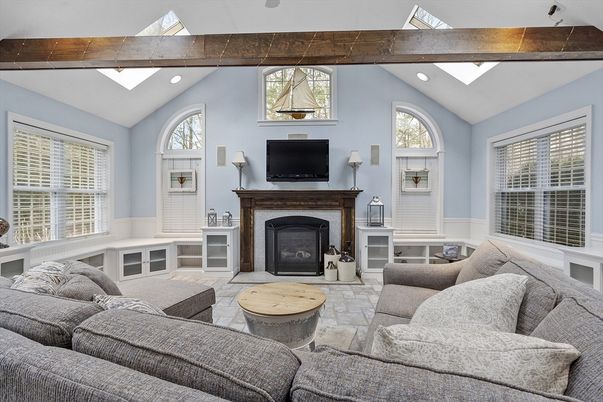 Fireplace, Interior, Living room, Recessed Lighting, Wooden Beams