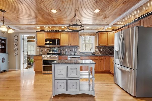Interior, Kitchen, Pendant Lights, Recessed Lighting, Stainless Steel Appliances, Wooden Ceilings, Wood Texture Flooring