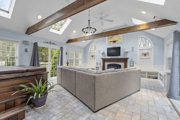 Fireplace, Interior, Living room, Pendant Lights, Piano, Recessed Lighting, Wooden Beams