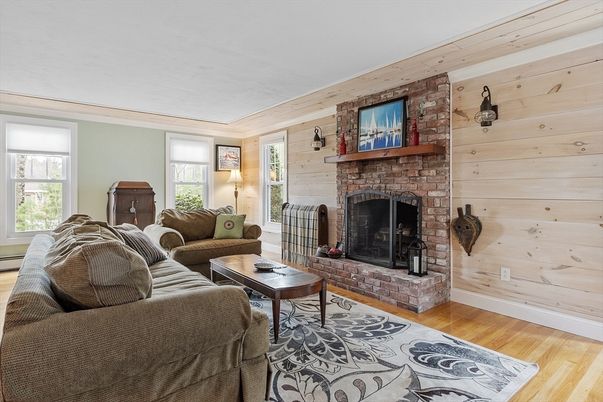 Fireplace, Interior, Living room, Stone Walls, Wood Texture Flooring, Wooden Walls