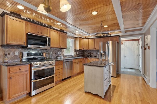 Interior, Kitchen, Pendant Lights, Recessed Lighting, Stainless Steel Appliances, Wooden Ceilings, Wood Texture Flooring