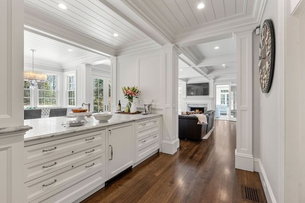 Fireplace, Interior, Kitchen, Living room, Pendant Lights, Recessed Lighting, Wood Texture Flooring