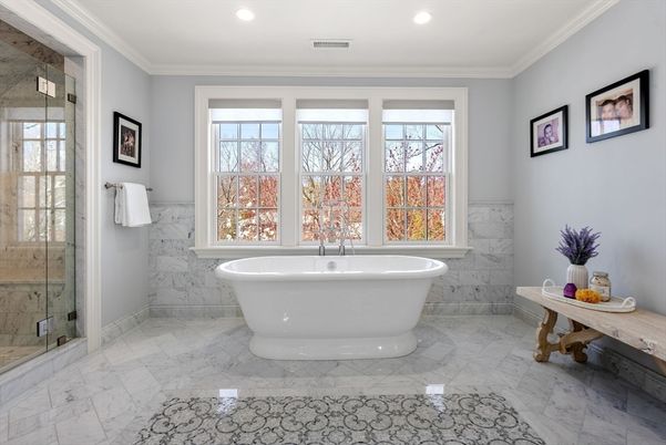 Bathroom, Free Standing Baths, Glass Shower, Interior, Marble, Marble Walls, Recessed Lighting