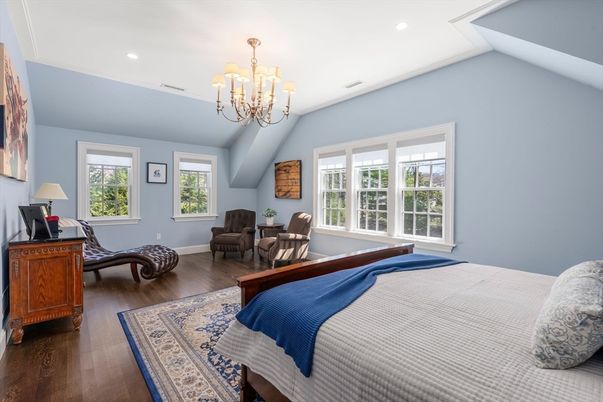 Bedroom, Chandelier, Interior, Recessed Lighting, Wood Texture Flooring