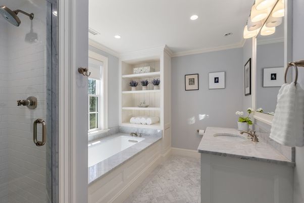 Bathroom, Dual Sink Vanities, Glass Shower, Interior, Marble, Recessed Lighting