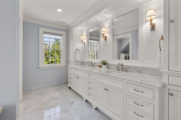 Bathroom, Dual Sink Vanities, Interior, Marble, Recessed Lighting