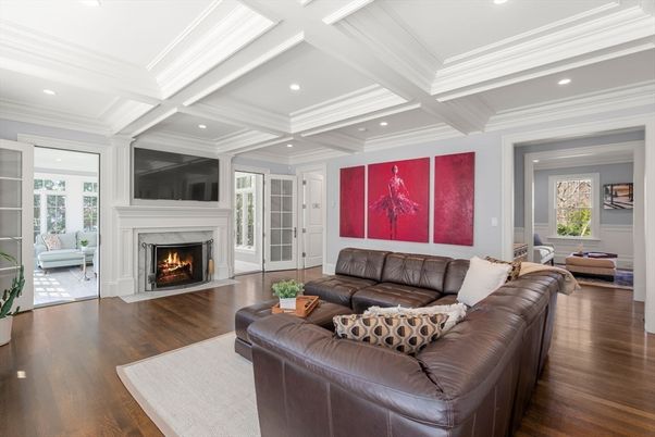 Fireplace, Interior, Living room, Recessed Lighting, Wood Texture Flooring