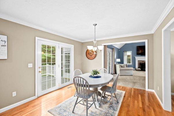 Chandelier, Dining room, Fireplace, Interior, Living room, Pendant Lights, Wood Texture Flooring