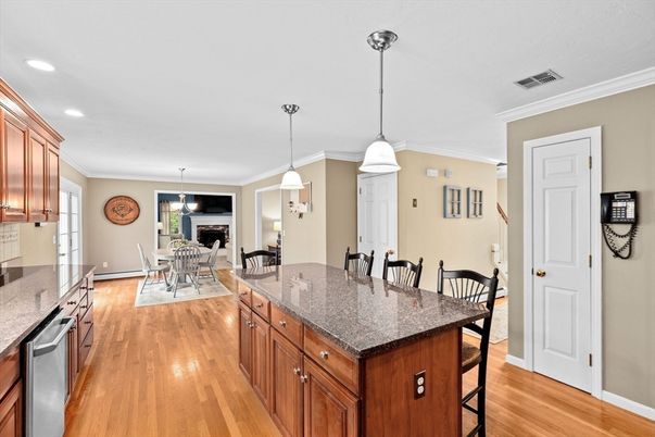 Dining room, Fireplace, Interior, Kitchen, Pendant Lights, Recessed Lighting, Wood Texture Flooring