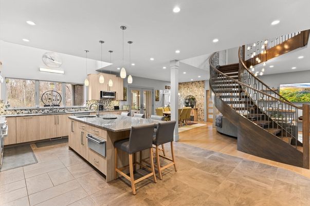 Dining room, Fireplace, Interior, Kitchen, Living room, Pendant Lights, Recessed Lighting, Stainless Steel Appliances