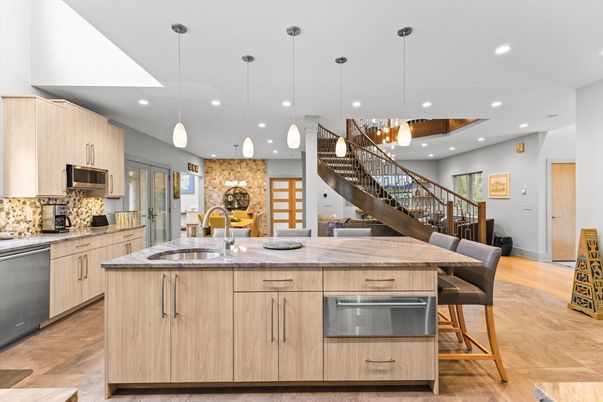 Interior, Kitchen, Pendant Lights, Recessed Lighting, Stainless Steel Appliances, Wood Texture Flooring