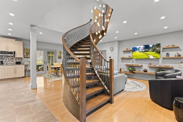 Chandelier, Dining room, Interior, Kitchen, Living room, Recessed Lighting, Stainless Steel Appliances, Wood Texture Flooring