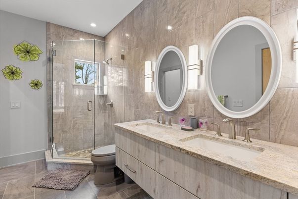 Bathroom, Dual Sink Vanities, Glass Shower, Interior, Recessed Lighting