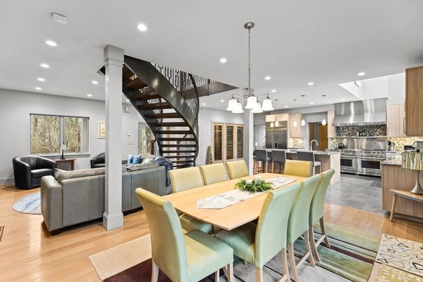 Dining room, Interior, Kitchen, Living room, Pendant Lights, Recessed Lighting, Stainless Steel Appliances, Wood Texture Flooring