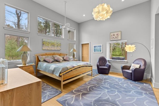 Bedroom, Interior, Pendant Lights, Recessed Lighting, Wood Texture Flooring