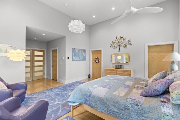 Bedroom, Interior, Pendant Lights, Recessed Lighting, Wood Texture Flooring