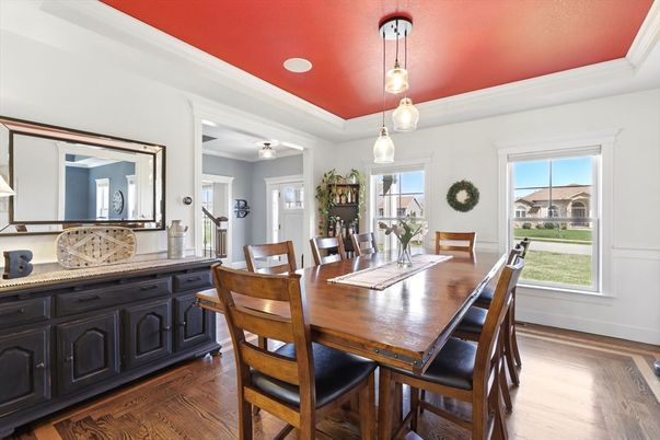 Dining room, Interior, Pendant Lights, Wood Texture Flooring