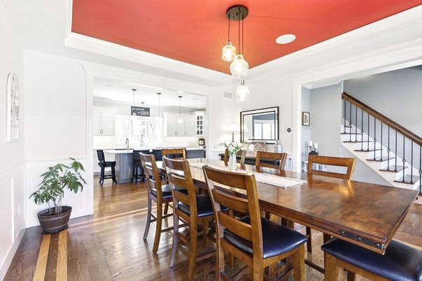 Dining room, Interior, Kitchen, Pendant Lights, Recessed Lighting, Wood Texture Flooring