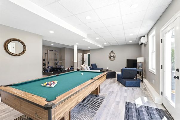 Billiard Table, Game Room, Interior, Recessed Lighting, Wood Texture Flooring