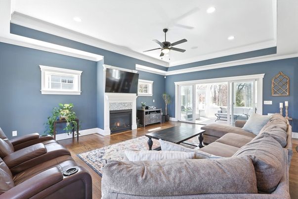 Fireplace, Interior, Living room, Recessed Lighting, Wood Texture Flooring