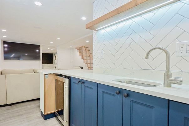 Interior, Kitchen, Marble Walls, Recessed Lighting, Wood Texture Flooring