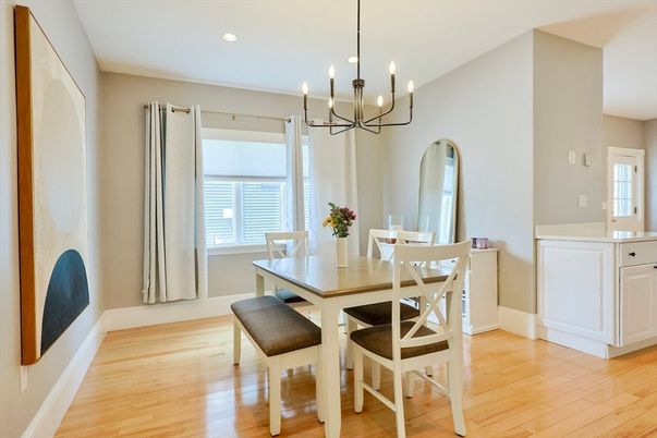 Chandelier, Dining room, Interior, Pendant Lights, Recessed Lighting, Wood Texture Flooring