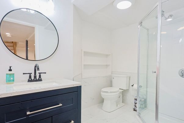 Bathroom, Glass Shower, Interior, Marble, Recessed Lighting