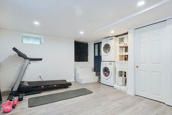 Fitness Equipment, Interior, Recessed Lighting, Utility Closets, Washer, Wood Texture Flooring