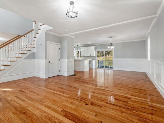 Empty room, Interior, Kitchen, Pendant Lights, Recessed Lighting, Wood Texture Flooring