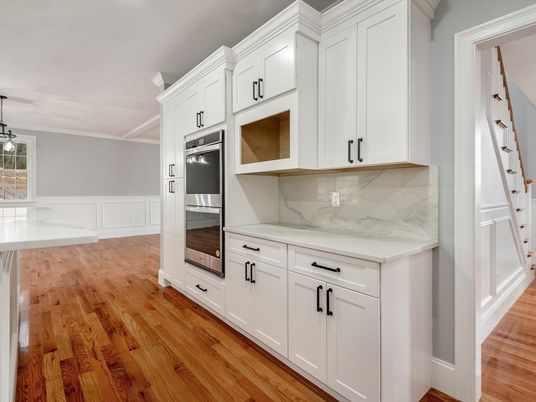 Interior, Kitchen, Marble Walls, Pendant Lights, Wood Texture Flooring