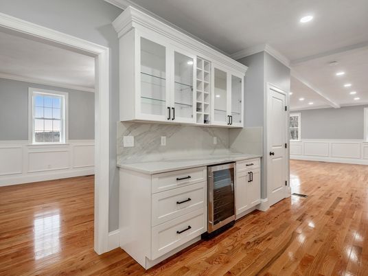 Interior, Kitchen, Marble Walls, Recessed Lighting, Wood Texture Flooring