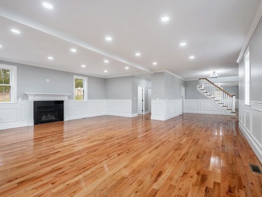 Empty room, Fireplace, Interior, Recessed Lighting, Wood Texture Flooring