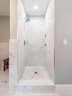 Bathroom, Glass Shower, Interior, Marble, Marble Walls, Recessed Lighting