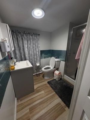 Bathroom, Glass Shower, Interior, Wood Texture Flooring