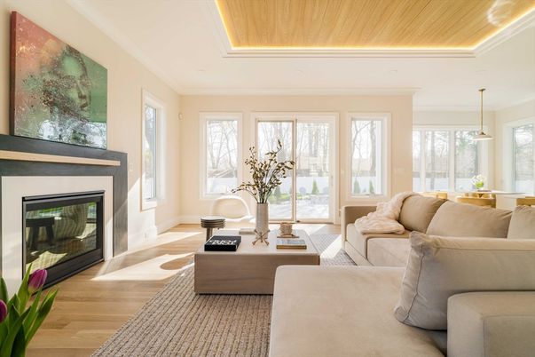 Dining room, Fireplace, Interior, Living room, Pendant Lights, Wooden Ceilings, Wood Texture Flooring