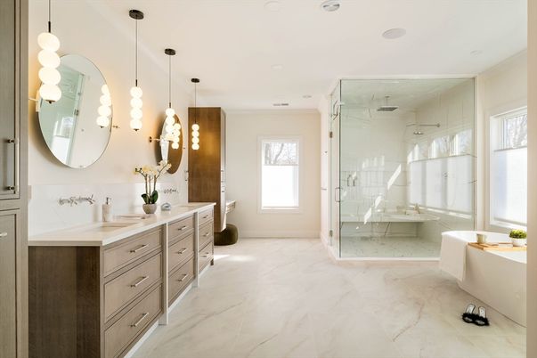 Bathroom, Dual Sink Vanities, Free Standing Baths, Glass Shower, Interior, Marble, Pendant Lights, Recessed Lighting