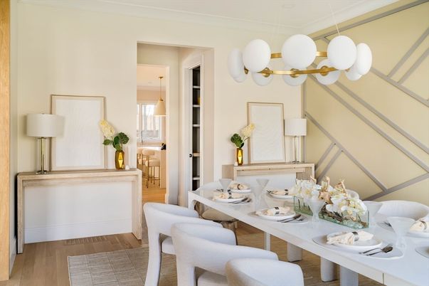 Dining room, Interior, Pendant Lights, Wood Texture Flooring