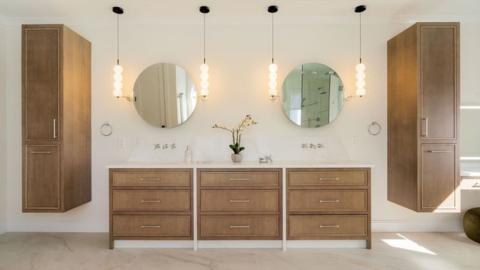 Bathroom, Dual Sink Vanities, Interior, Marble, Pendant Lights