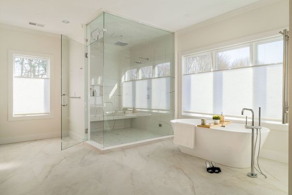 Bathroom, Free Standing Baths, Glass Shower, Interior, Marble