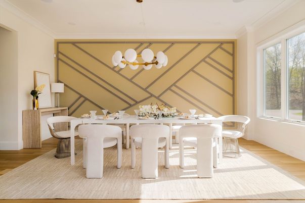 Dining room, Interior, Pendant Lights, Wood Texture Flooring