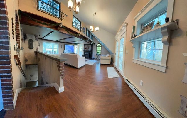 Fireplace, Interior, Pendant Lights, Wood Texture Flooring