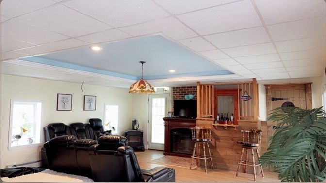 Home Theatre Room, Fireplace, Interior, Pendant Lights, Recessed Lighting, Stone Walls, Wood Texture Flooring